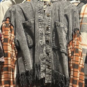Gray and Orange Frayed Denim Jacket